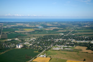 Agricultural fields surrounding Clinton, Ontario, with Lake Huron in the distance. Photo credit: Daniel Holm Photography